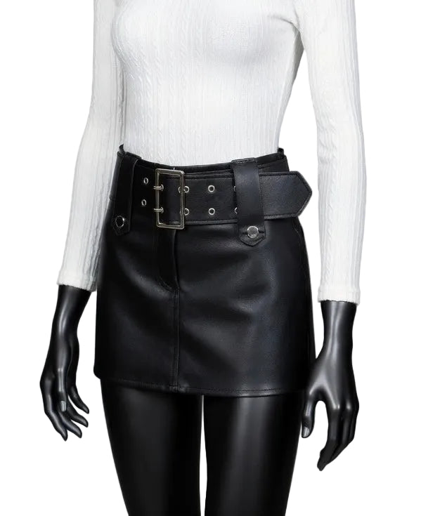 Solid Button Above Knee Mini  Vintage Leather Skirt
