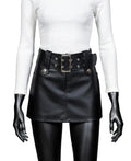Solid Button Above Knee Mini  Vintage Leather Skirt