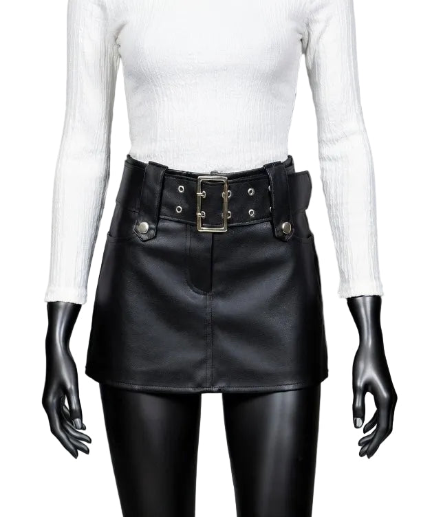 Solid Button Above Knee Mini  Vintage Leather Skirt
