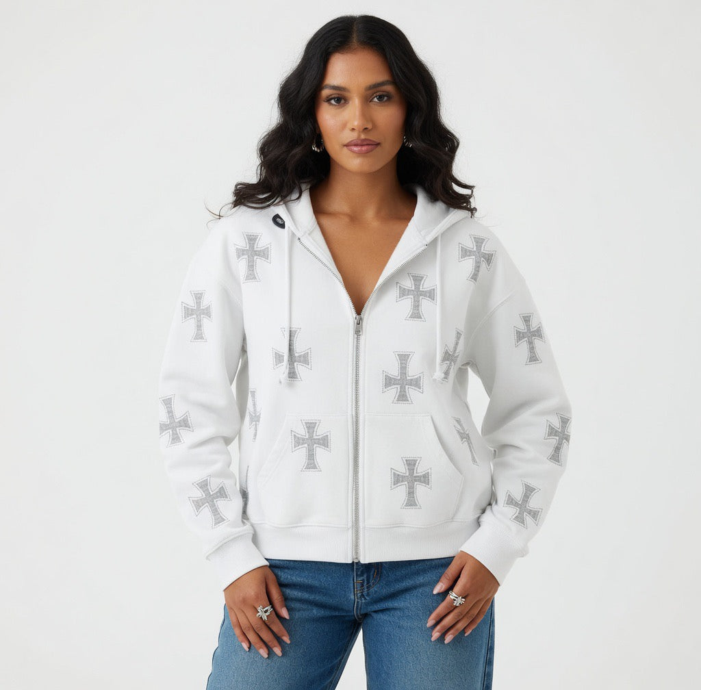 Rhinestone Cross Zip Up Pull Over Hoodie