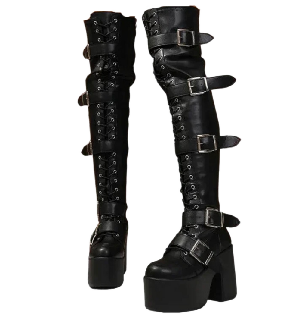 Goth Women Block High Platform Buckle Boots