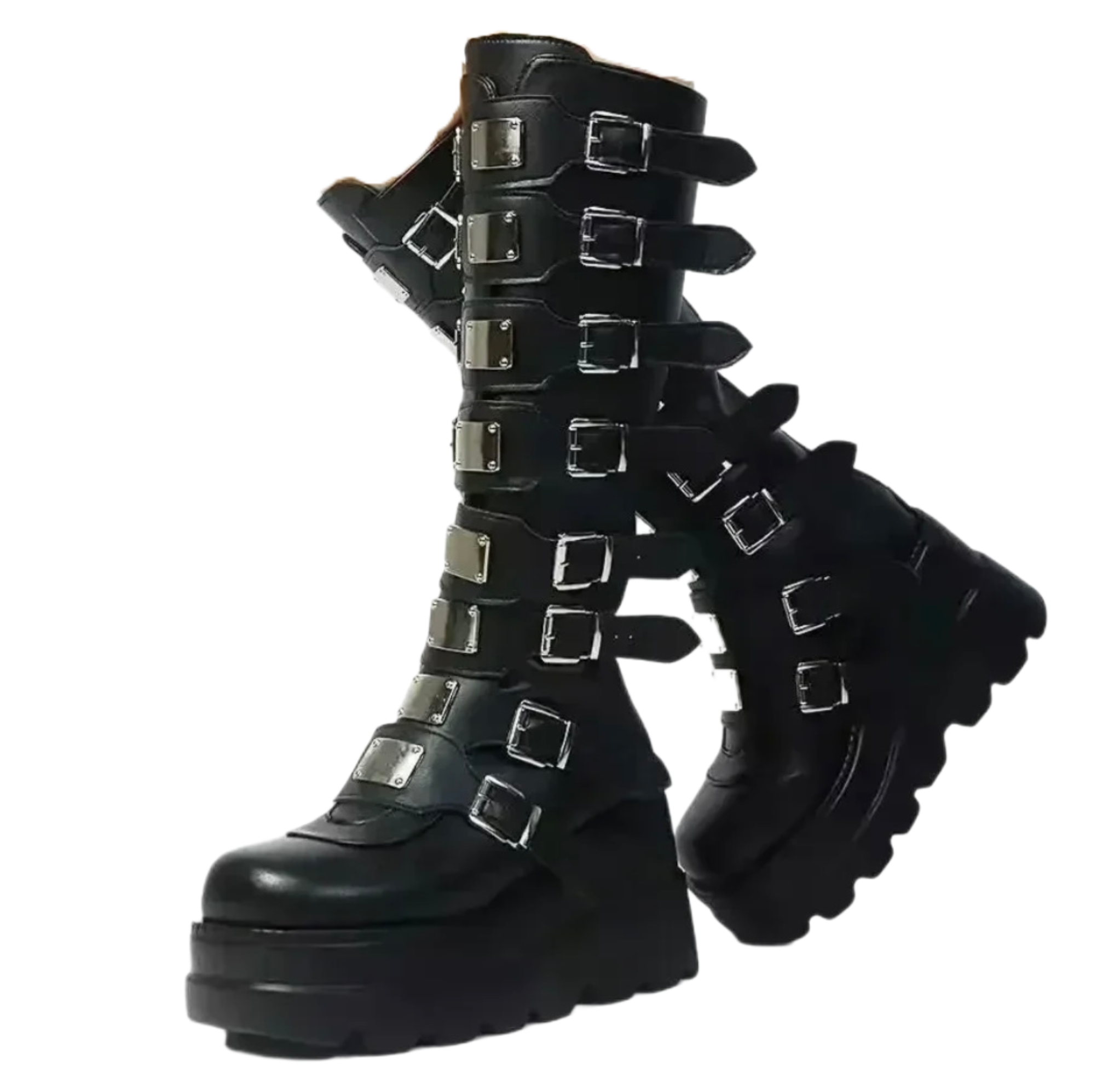 Platform Knee High Punk Black Shoes for Women Zapatos De Mujer