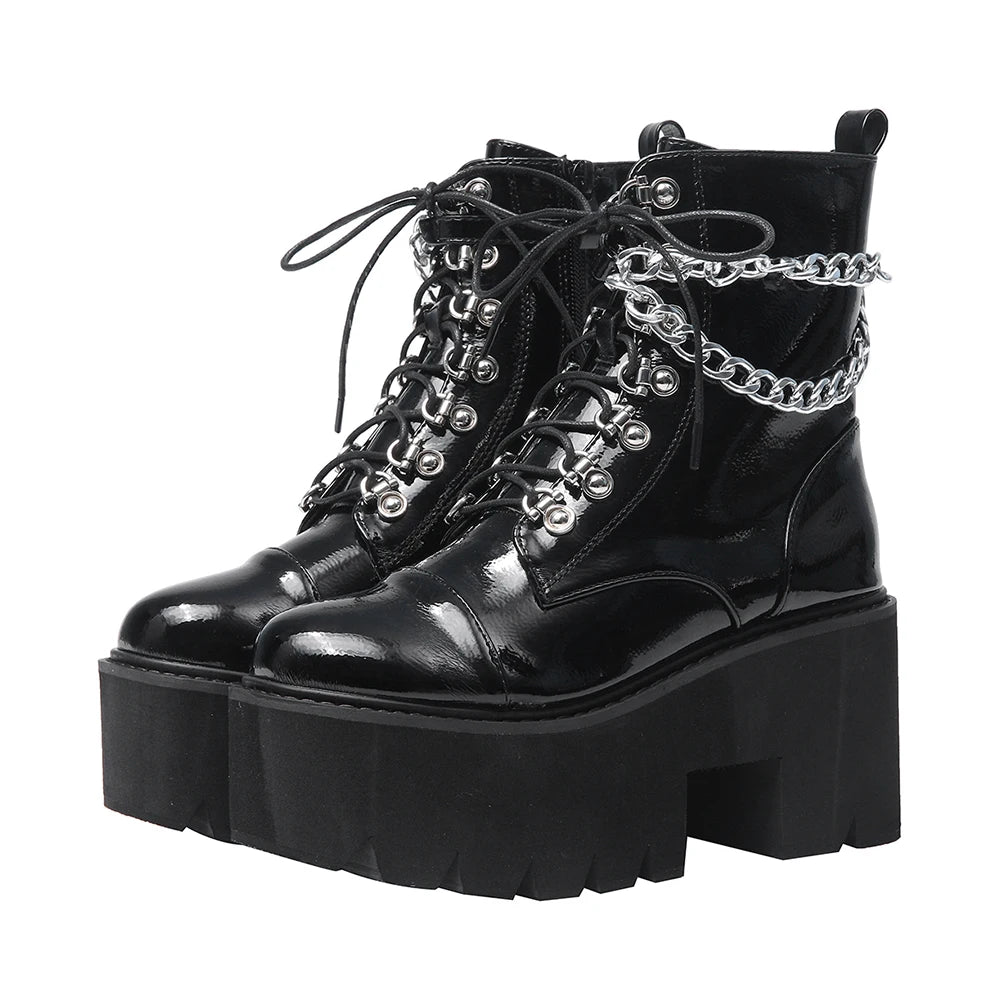 Punk Black Boots for Women Sexy Chain Chunky Heel Platform Boots