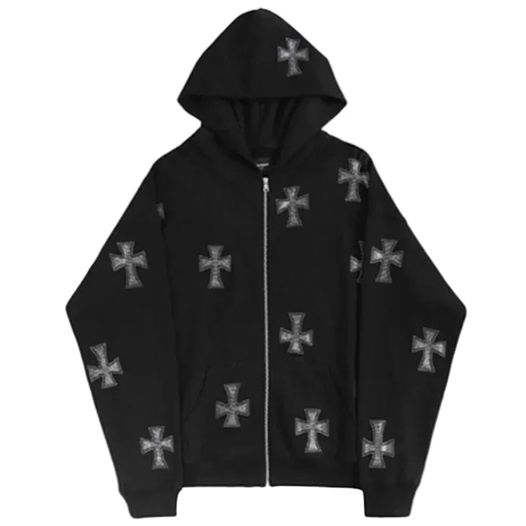 Rhinestone Cross Zip Up Pull Over Hoodie