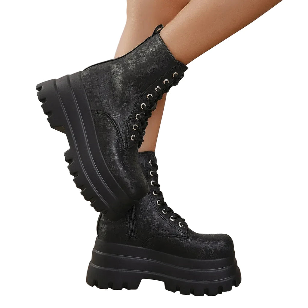 Printed Chunky Thick Bottom Fashion Lace Up Ankle Platform Boots