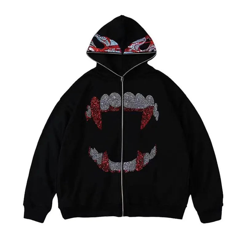 Rhinestone Zip Up GhostFace x Teeth Hoodie