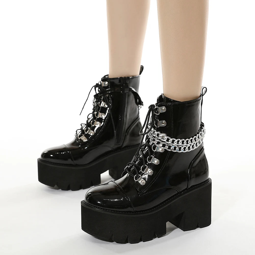 Punk Black Boots for Women Sexy Chain Chunky Heel Platform Boots