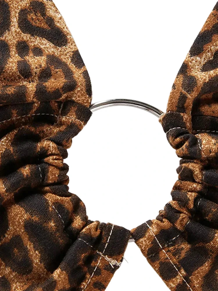 Women’s Leopard Print Backless Bandage Lace-Up Halter Top