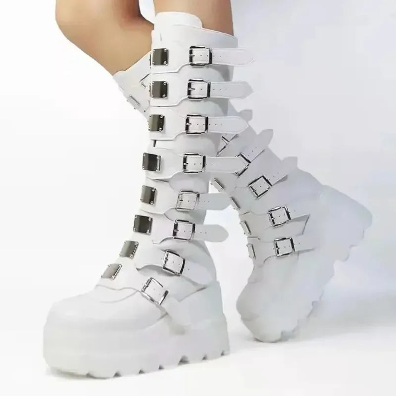 White Gothic Knee High Boots for Women Shoes Platform Boots Botas Para Mujer