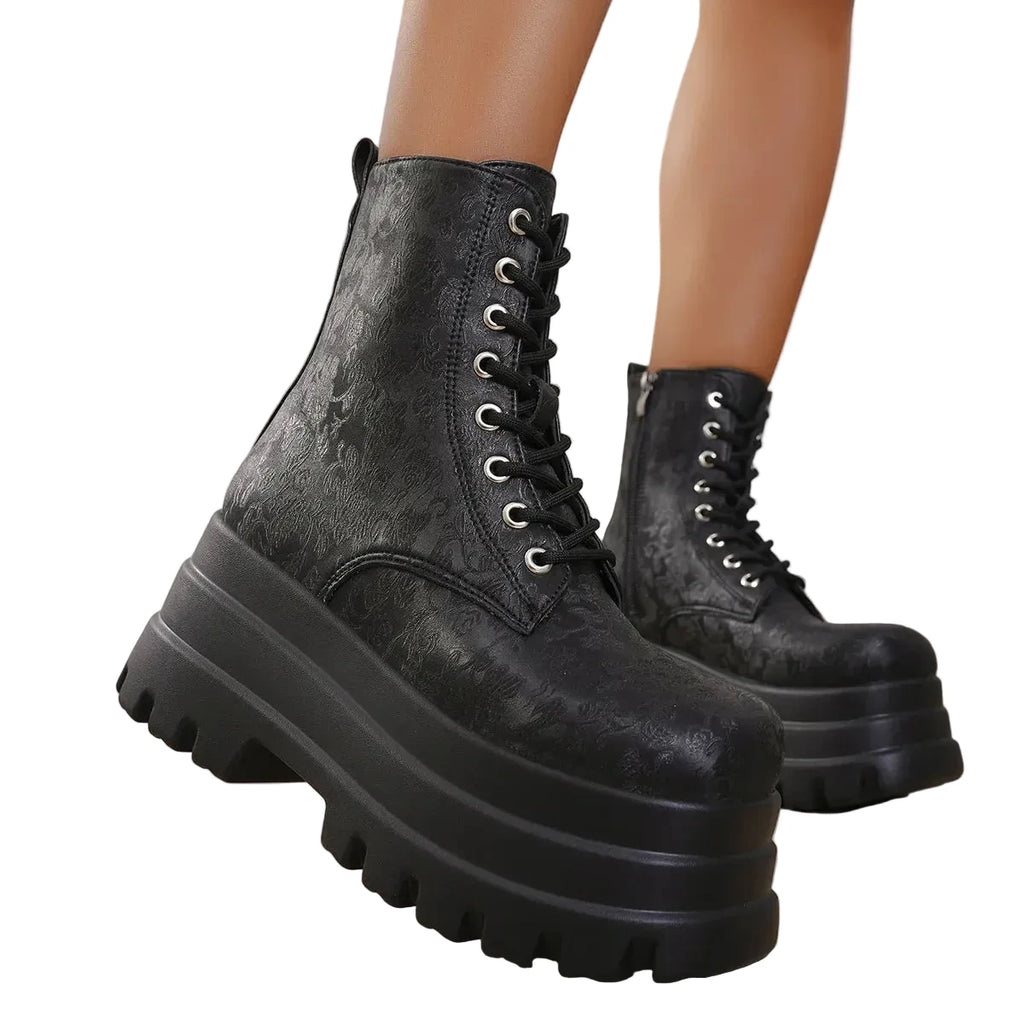 Printed Chunky Thick Bottom Fashion Lace Up Ankle Platform Boots