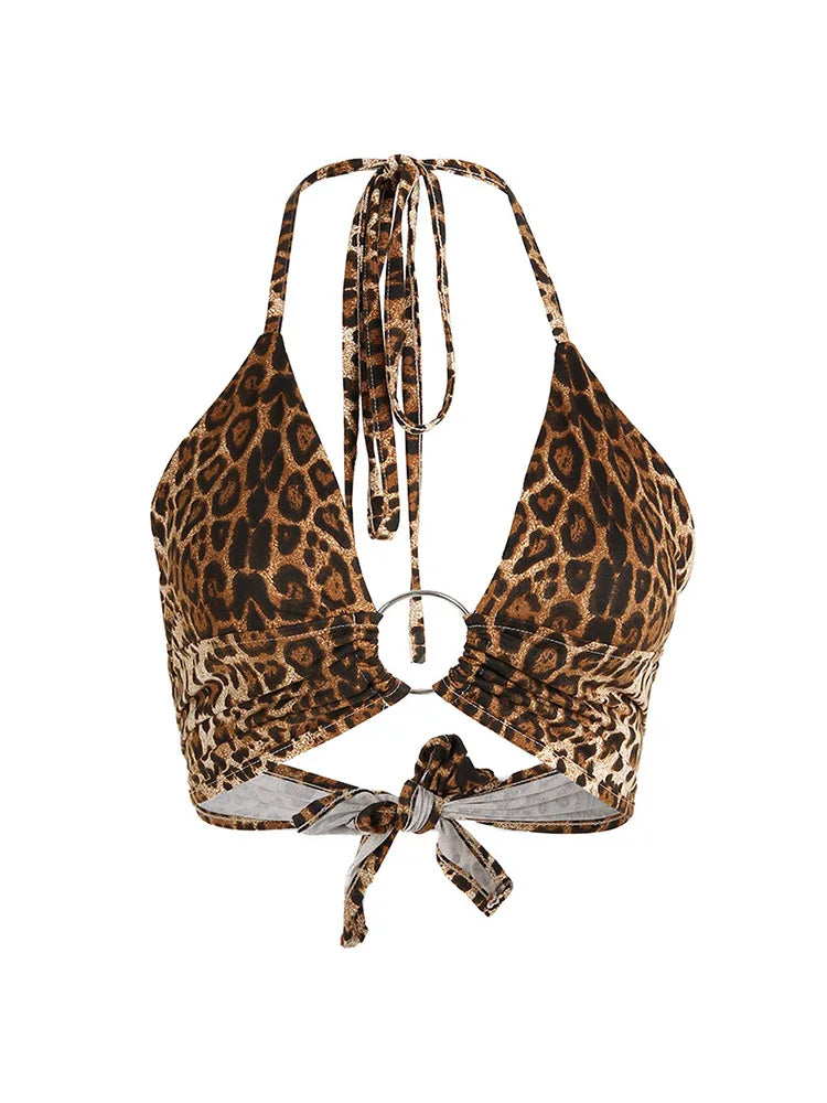 Women’s Leopard Print Backless Bandage Lace-Up Halter Top