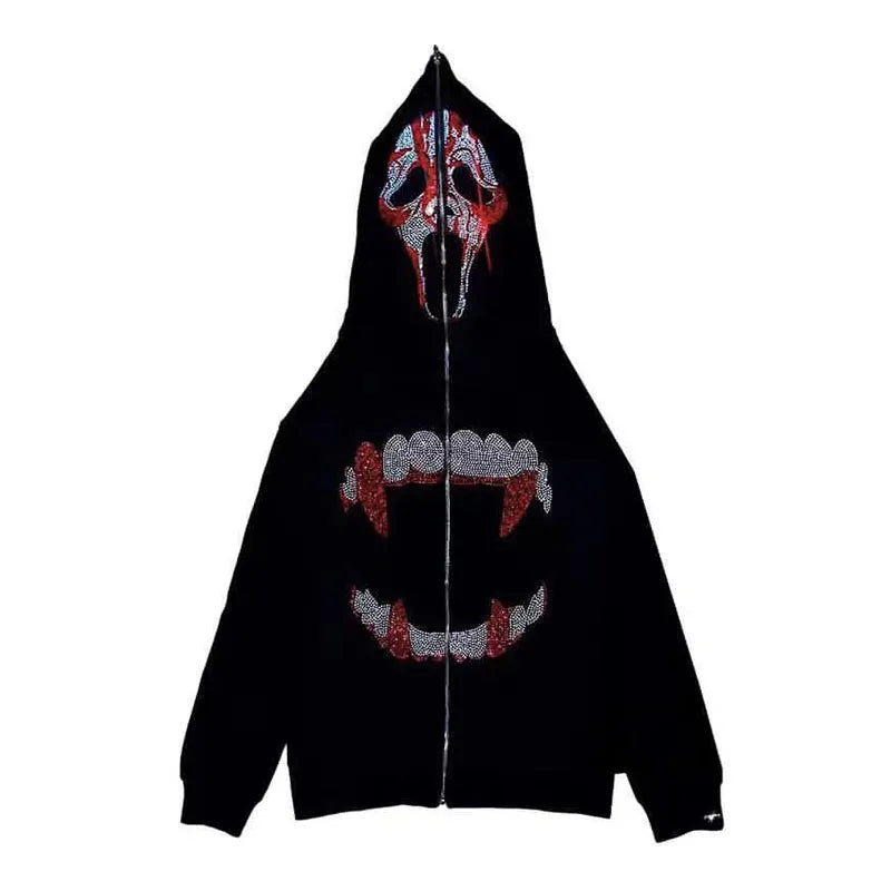Rhinestone Zip Up GhostFace x Teeth Hoodie