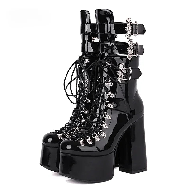Patent Leather Gothic Style Women Mid Calf Ankel Buckle Strap Black Platform Heel Boots Modern
