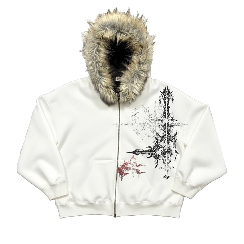 Y2K Plush Faux Fur Hooded Zip Up Hoodie