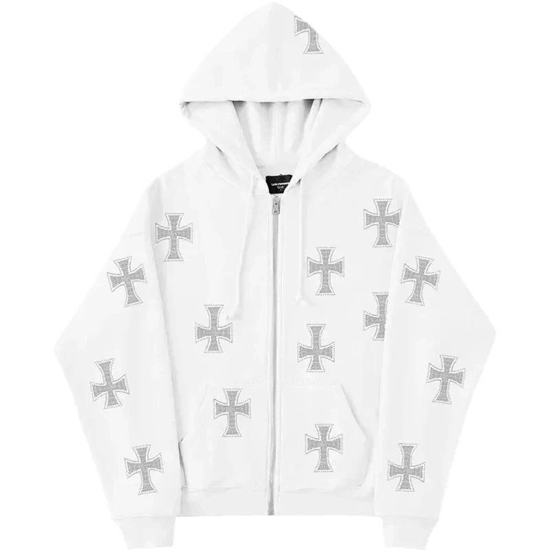 Rhinestone Cross Zip Up Pull Over Hoodie