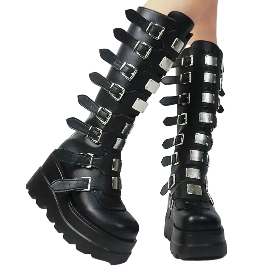 Platform Knee High Punk Black Shoes for Women Zapatos De Mujer