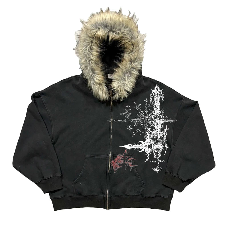 Y2K Plush Faux Fur Hooded Zip Up Hoodie