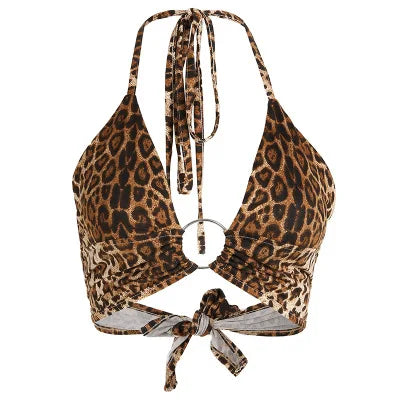 Women’s Leopard Print Backless Bandage Lace-Up Halter Top