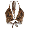 Women’s Leopard Print Backless Bandage Lace-Up Halter Top