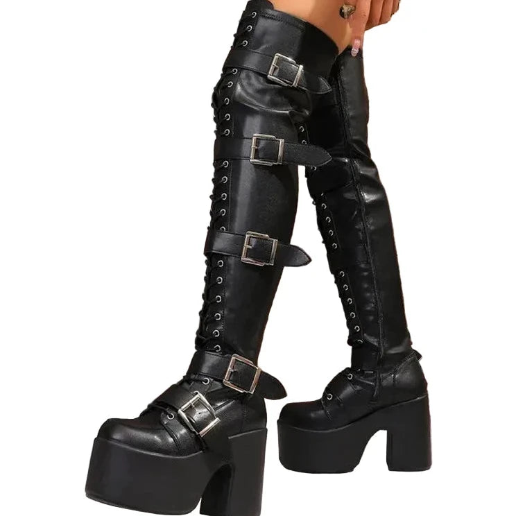 Goth Women Block High Platform Buckle Boots