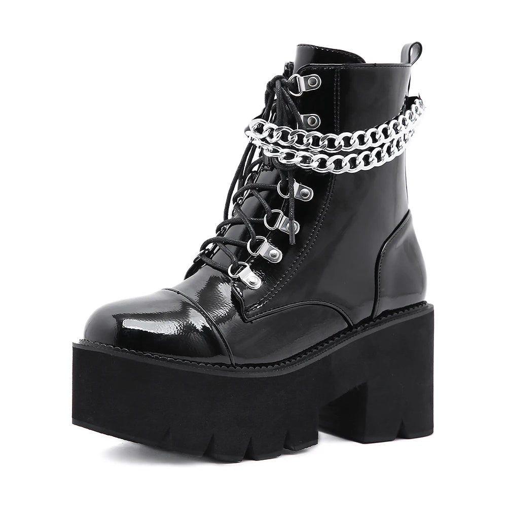Punk Black Boots for Women Sexy Chain Chunky Heel Platform Boots