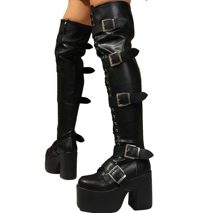 Goth Women Block High Platform Buckle Boots